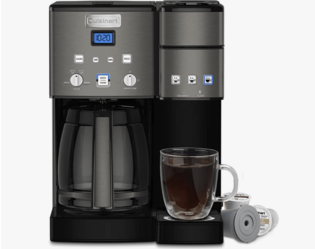 A' Cuisinart' coffee maker with a clear cup under a single-serve and a pot on the other side.