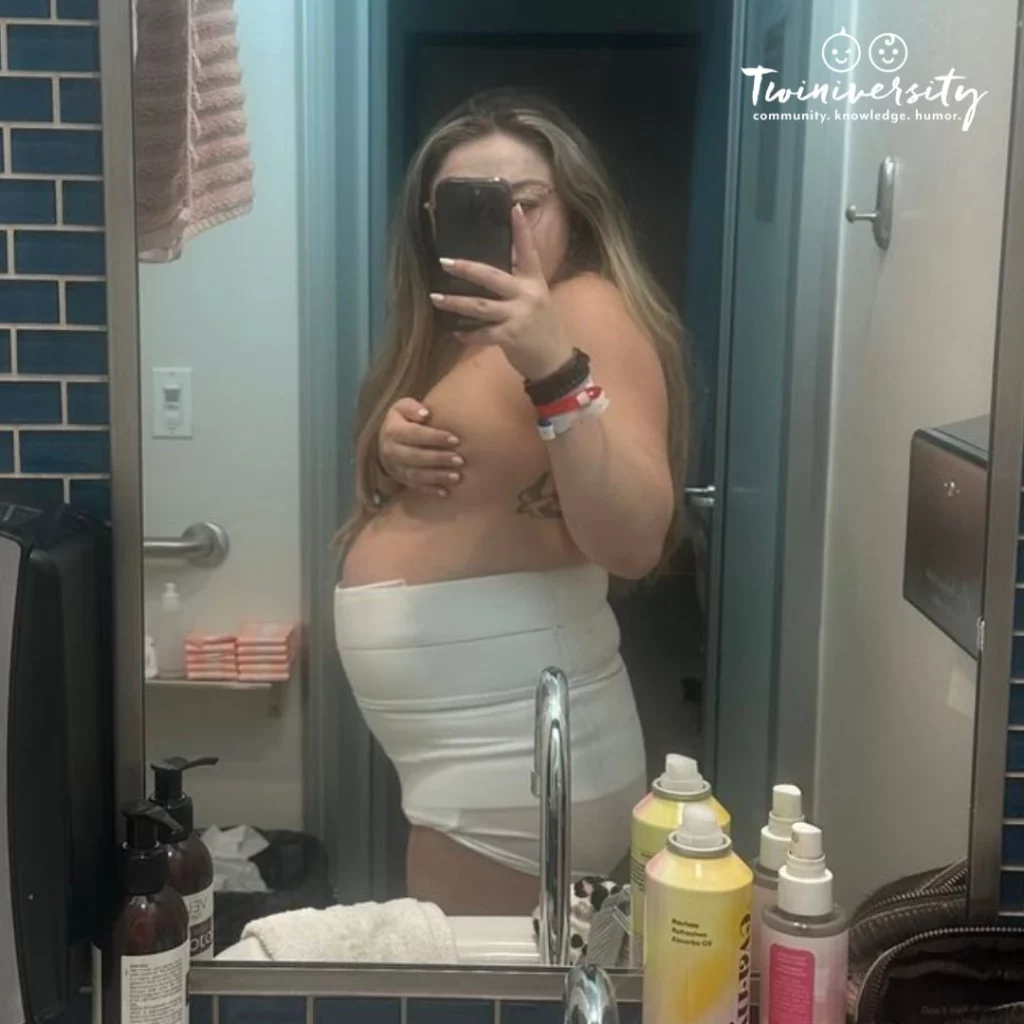 Postpartum twin mama wearing mesh undies