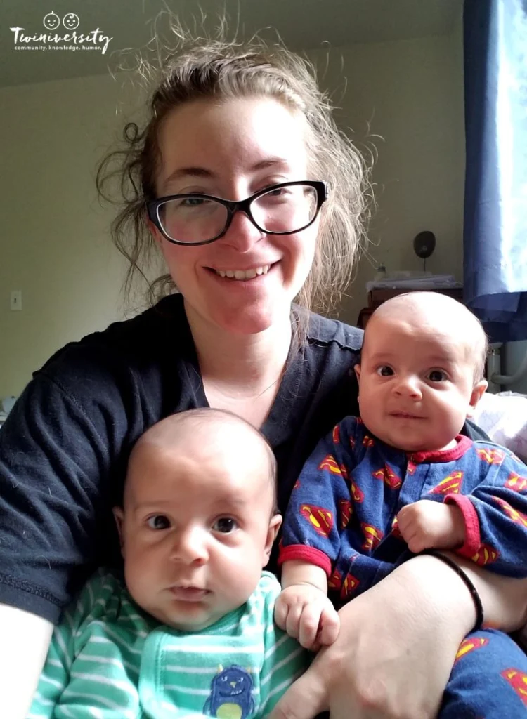 Messy haired twin mama with her baby twins