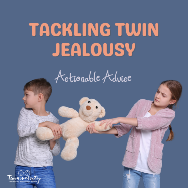 twin brother and sister struggling with twin jealousy over teddy bear