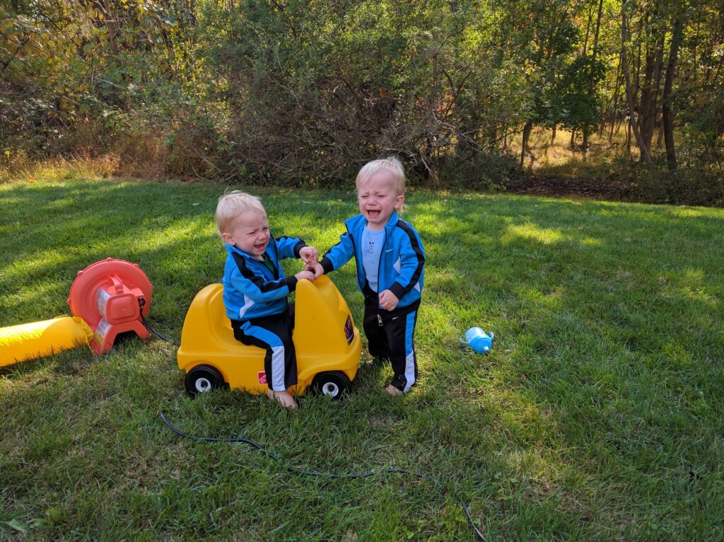 boys esperiencing twin jealousy as they fight over a toy