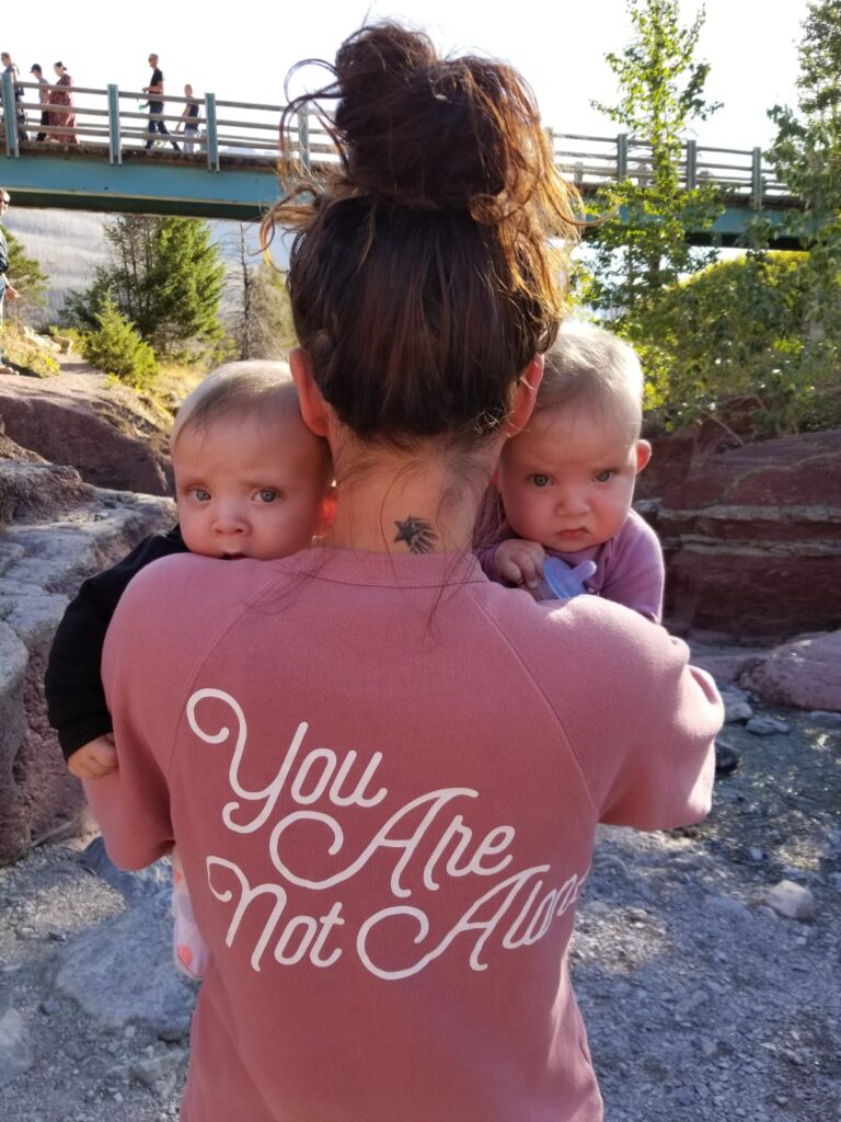 twin mom on an outing with her babies