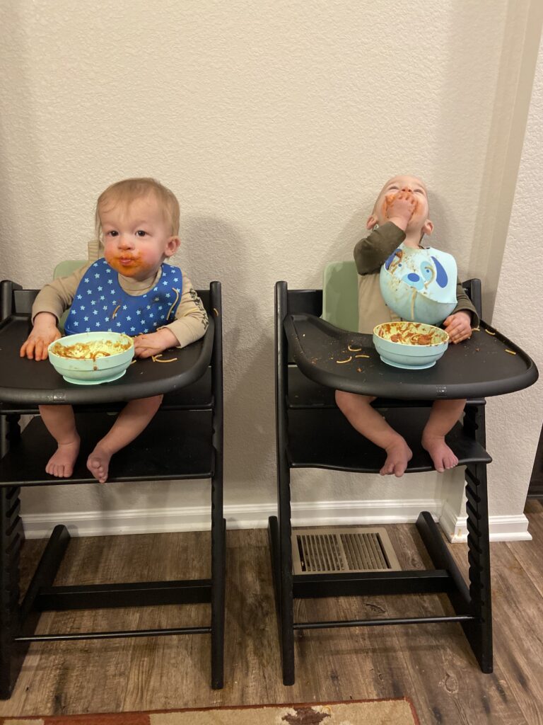 twins get messy while eating - get a twin mom a cleaning service or meal prep service!