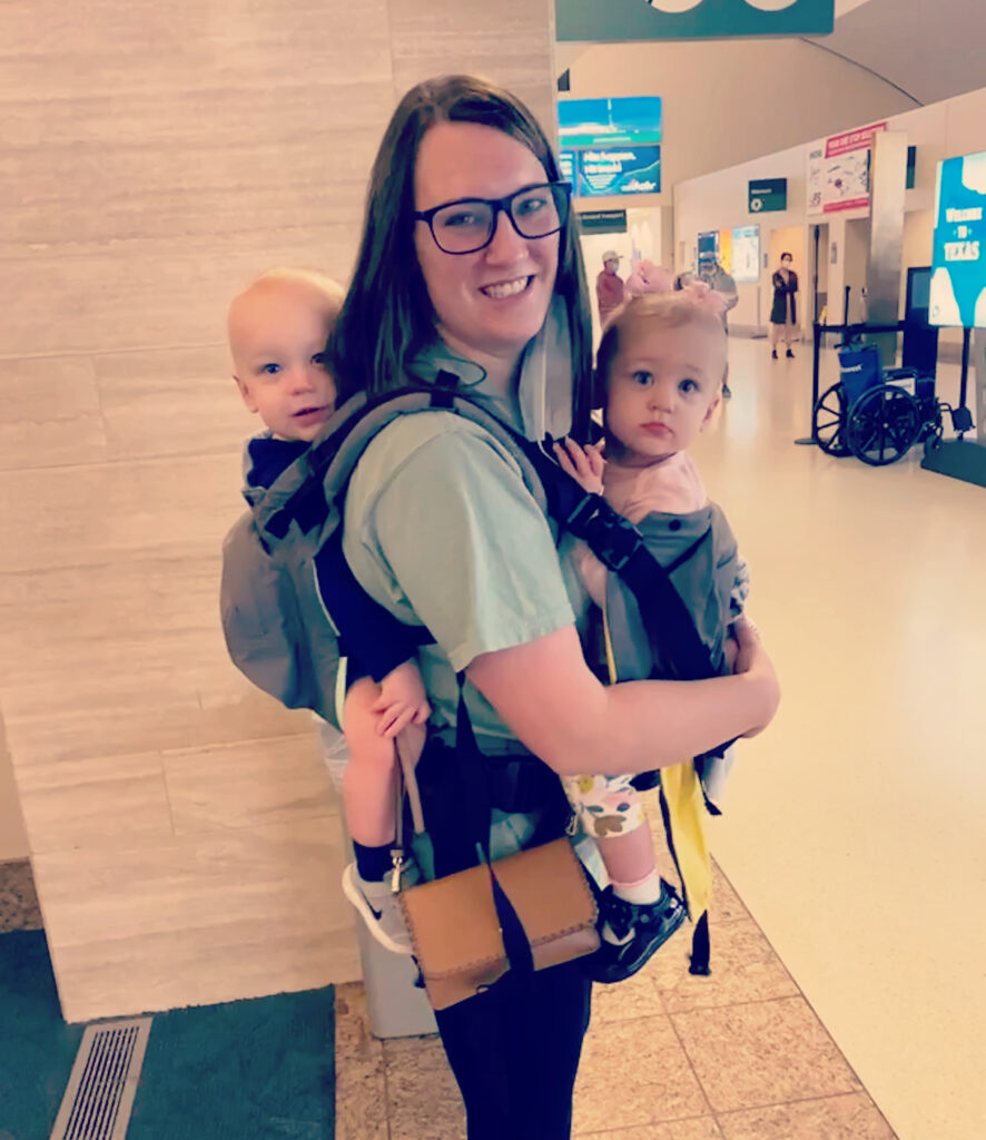 twin mom traveling with her babies through airport