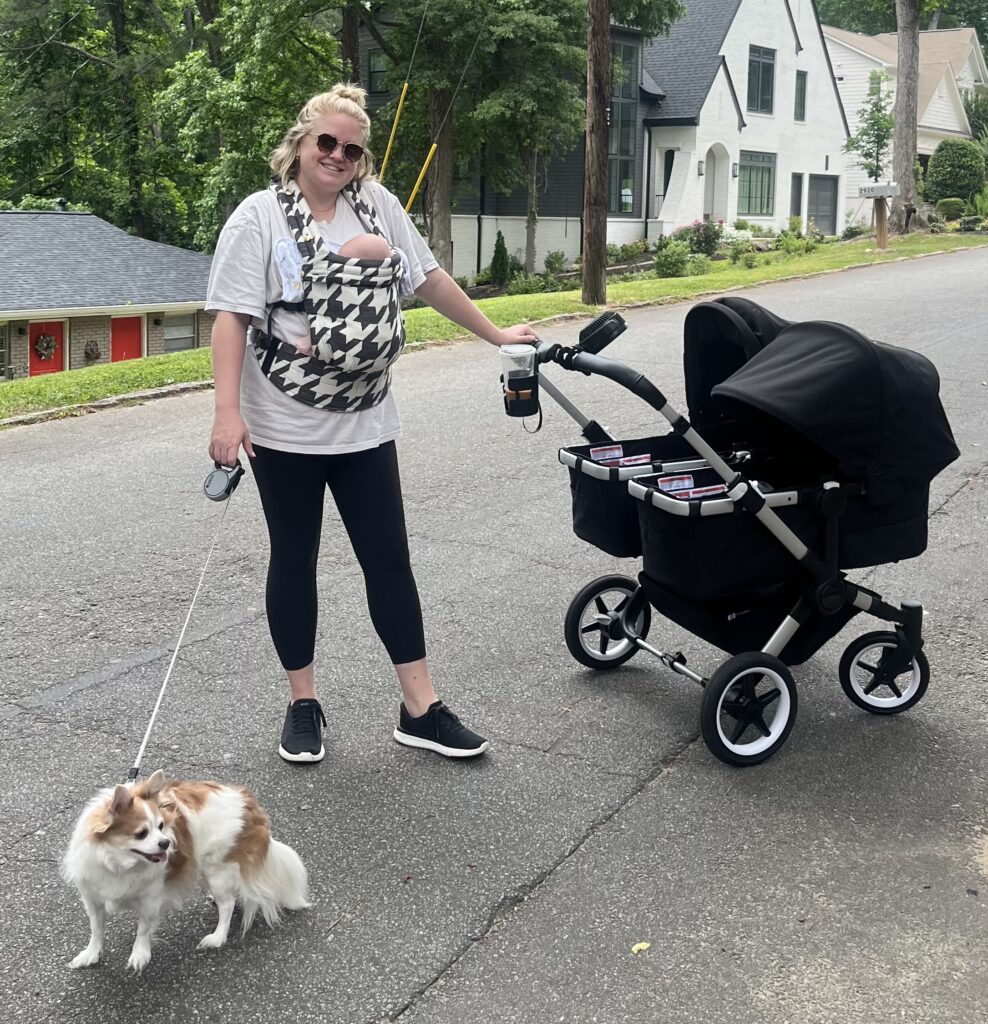 twin mom with double stroller, twins, and dog